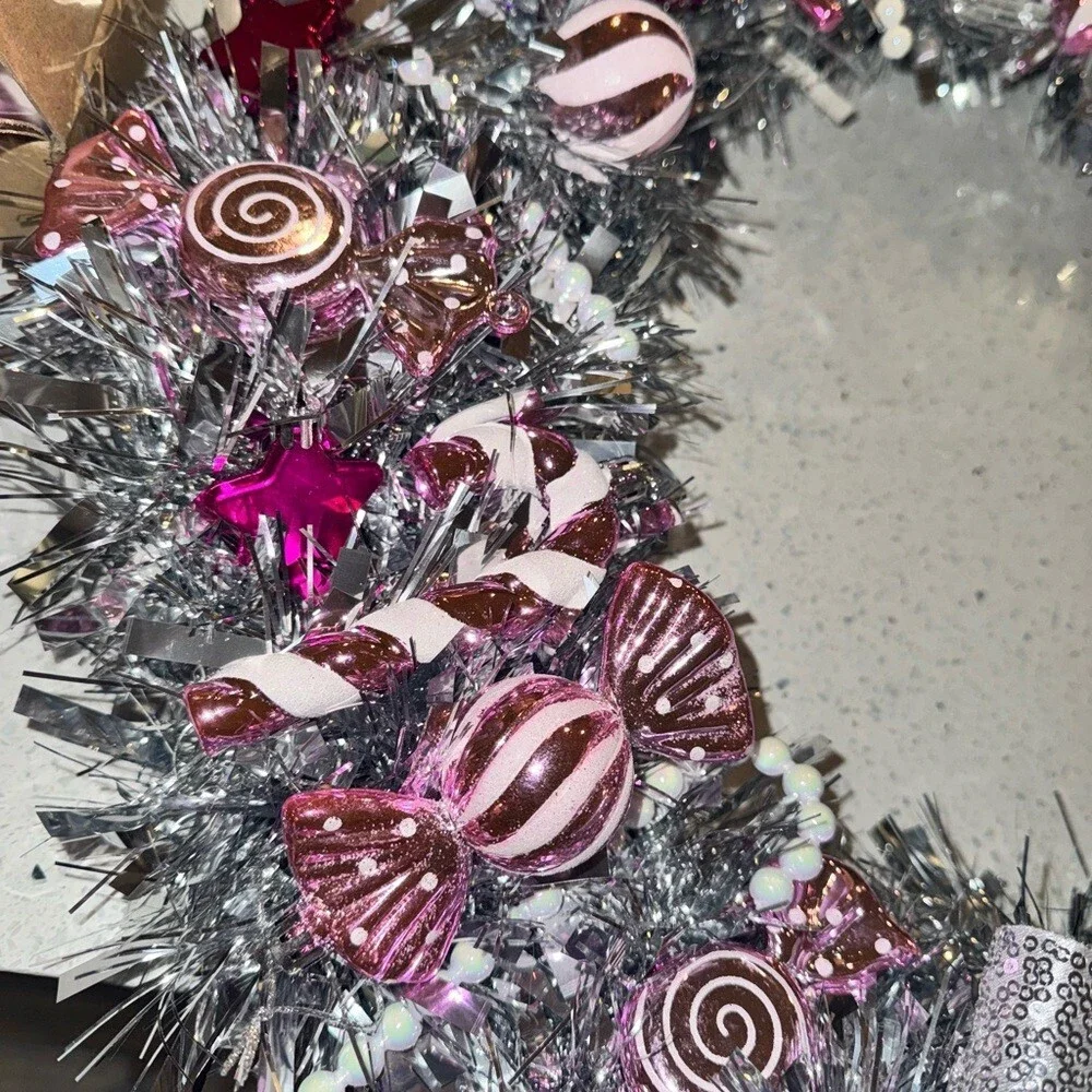 Wreath Christmas candy theme Silver and Pink Holiday Wreath ribbon bow